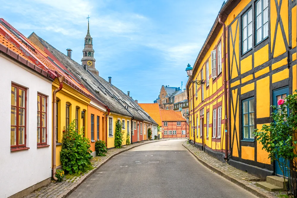 Charming street of Ystad with colorful houses