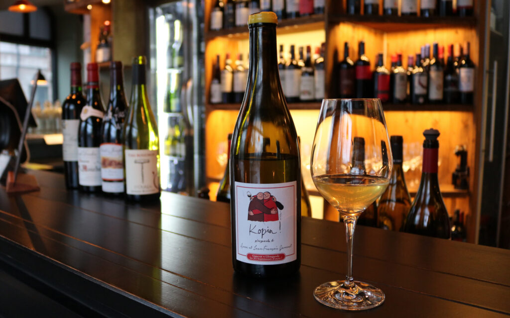 Wine bottle and wine glas at Lenoteket in Lund